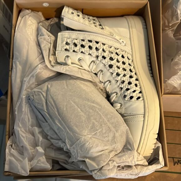 Free People Hayes High Top Sneakers Lace Up Side Zip Woven Ivory White - Picture 10 of 13